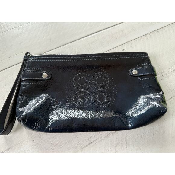 Coach Black Patent Leather Wristlet with Perforated Signature Logo - Picture 1 of 4